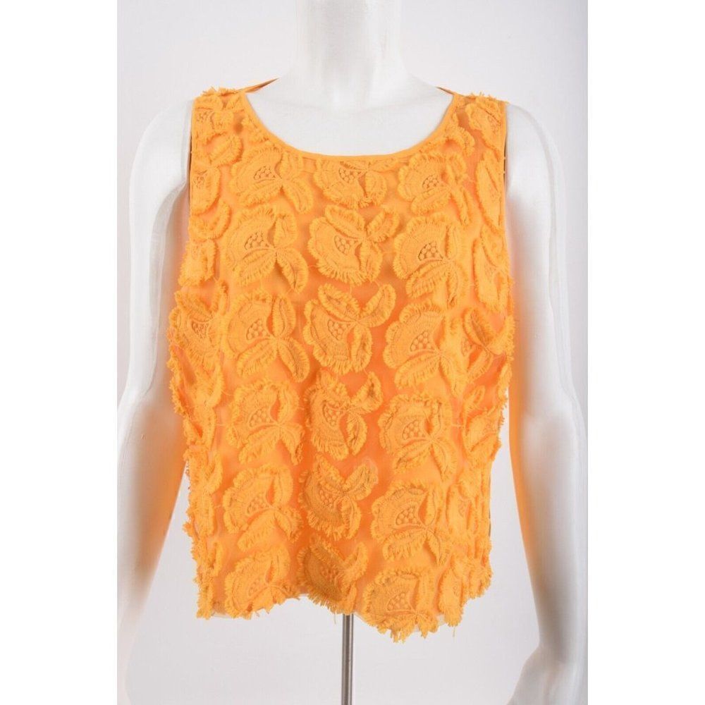 New York & Co 7th Avenue Womens Blouse Shirt Orange Floral Applique L Large NWT